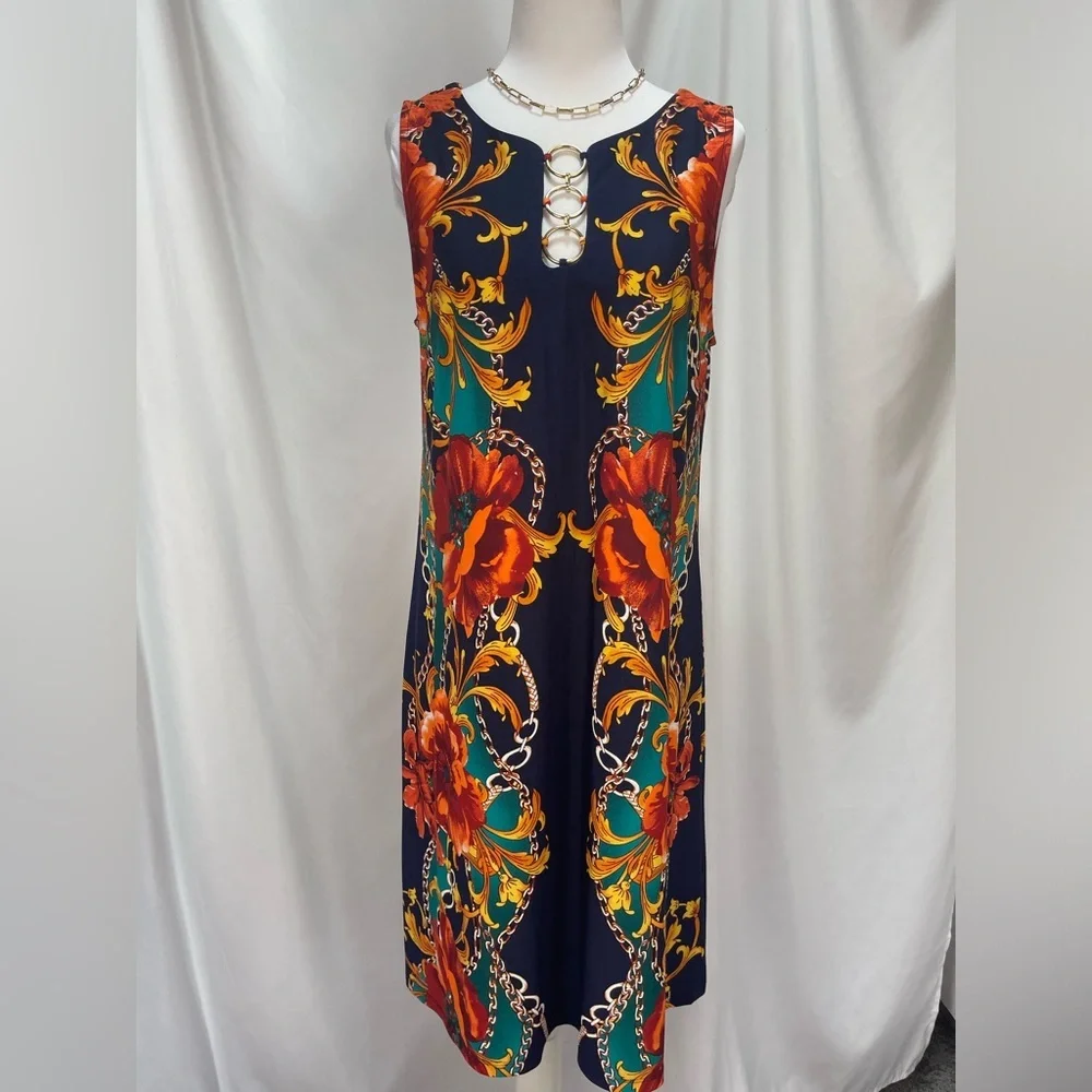 MSK Navy orange red Teal chain and floral print sleeveless dress women’s size M - Picture 1 of 16